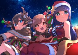 3girls :d absurdres aijou_karen animal_ear_fluff animal_ears antlers bare_shoulders bauble bell black_gloves black_hair black_socks blue_eyes blunt_bangs blush bow bowtie breasts bright_pupils brown_capelet brown_eyes brown_gloves brown_hair brown_shirt capelet christmas christmas_ornaments closed_mouth commentary crop_top cross-laced_clothes crossed_bangs deer_ears from_below fur-trimmed_capelet fur-trimmed_gloves fur-trimmed_headwear fur-trimmed_legwear fur-trimmed_shirt fur_trim gloves goe_(g-o-e) green_ribbon hair_between_eyes hands_up hat hat_ornament hat_ribbon highres horns kagura_hikari kneehighs long_hair looking_at_viewer looking_down medium_breasts midriff miniskirt multicolored_ribbon multiple_girls navel night official_alternate_costume open_mouth outdoors outstretched_arm pleated_skirt purple_eyes purple_hair red_bow red_bowtie red_headwear red_legwear red_ribbon red_shirt red_skirt reindeer_antlers ribbon santa_costume santa_hat shirt short_hair shoujo_kageki_revue_starlight shoujo_kageki_revue_starlight_-re_live- single_stripe sitting skirt sky sled sleeveless sleeveless_shirt smile socks star_(sky) star_(symbol) star_hat_ornament starry_sky striped_clothes striped_ribbon striped_skirt swept_bangs thighhighs tsuyuzaki_mahiru two_side_up yellow_ribbon