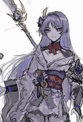 1boy alternate_hair_length alternate_hairstyle armor arms_at_sides black_shrug bright_pupils chinese_knot collarbone cosplay crossdressing crossdressing_(mtf) engulfing_lightning_(genshin_impact) eyelashes eyeliner eyeshadow flower gem genshin_impact hair_flower hair_intakes hair_ornament highres japanese_armor japanese_clothes kimono kimono_skirt kote kurokote lingerie long_sleeves looking_at_viewer makeup male_focus mole mole_under_eye multicolored_hair naginata obi obiage obijime off_shoulder open_mouth polearm purple_electricity purple_eyes purple_flower purple_gemstone purple_hair purple_kimono purple_sleeves raiden_shogun raiden_shogun_(cosplay) red_eyeliner red_eyeshadow sash scaramouche_(genshin_impact) sgm618 shrug_(clothing) single_sode sketch smirk solo streaked_hair tsurime underwear vision_(genshin_impact) weapon weapon_on_back white_background white_mouth white_pupils wide_sleeves wispy_bangs