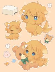 animal animal_focus blue_eyes bow bowtie brown_background brown_fur brown_hair closed_eyes closed_mouth dog flower flower_symbol green_bow green_bowtie hair_flower hair_ornament idolmaster idolmaster_million_live! multiple_views nako_(user_wnnm5534) no_humans polka_dot_bowtie rabbit_sticker short_hair simple_background small_sweatdrop smile sticker stuffed_animal stuffed_toy suou_momoko tail tail_wagging teddy_bear white_flower
