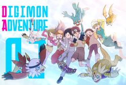 armadillo armadimon beak bird black_eyes black_hair blonde_hair blue_eyes blue_jacket body_fur brown_eyes brown_hair bug cat copyright_name detached_sleeves digimon digimon_adventure_02 dragon falling flame_print green_shirt green_shorts group_picture hawkmon head_wings hida_iori ichijouji_ken inoue_miyako jacket limit_deji long_hair motomiya_daisuke patamon pink_sleeves print_jacket purple_hair red_jacket shirt short_hair shorts sleeveless sleeveless_shirt tailmon takaishi_takeru talons v-mon white_fur wings wormmon yagami_hikari yellow_shirt yellow_shorts