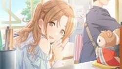 brown_eyes brown_hair cloud crown game_cg ichikawa_hinana idolmaster idolmaster_shiny_colors japanese_text jewelry nail_polish official_art open_mouth pen ring side_ponytail stuffed_toy window
