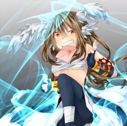 1girl black_gloves black_pants breasts brown_hair chest_sarashi clothes_around_waist commentary_request cross cross_necklace envelope feathered_wings feet_out_of_frame fingerless_gloves gloves hair_between_eyes head_wings jewelry letter long_hair looking_at_viewer medium_breasts meiko_(nattu303) mouth_hold necklace pants ragnarok_online red_eyes sarashi shirt shirt_around_waist solo sura_(ragnarok_online) v-shaped_eyebrows white_shirt white_wings wings