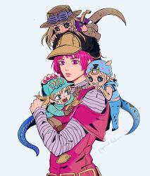 1girl 3boys argyle_clothes argyle_sweater bandage_on_face bandages beanie belt biting black_helmet black_sclera blonde_hair blue_eyes blue_hat blue_helmet blue_hoodie blue_pants brown_gloves brown_hat capelet clenched_teeth colored_sclera cowboy_hat diego_brando dinosaur_tail dress gloves goggles goggles_on_headwear green_eyes gyro_zeppeli hat helmet hood hood_down hoodie horseshoe horseshoe_hat_ornament hot_pants_(sbr) johnny_joestar jojo_no_kimyou_na_bouken lips long_hair long_sleeves makeup mini_person miniboy multiple_boys nail_polish on_head pants person_on_head pink_capelet pink_dress pink_eyes pink_hair pink_lips pink_nails potatotop purple_shirt scary_monsters_(stand) sharp_teeth shirt short_hair short_sleeves stand_(jojo) steel_ball_run striped_clothes striped_shirt sweater tail teeth transformation wristband