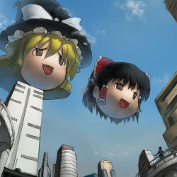 Rule 34 | armageddon, black hair, blonde hair, bob (biyonbiyon), bow, building, city, cloud, day, female focus, frills, hakurei reimu, hat, kirisame marisa, no humans, sky, touhou, witch hat, yukkuri shiteitte ne
