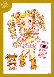 Rule 34 | 1girl, animal print, beads, bird, blonde hair, boots, border, bow, bowtie, brown bow, brown bowtie, brown flower, brown rose, butterfly earrings, butterfly print, cellphone, closed mouth, collared vest, cure lemonade, deformed, dot nose, dotted line, dress, drill hair, earrings, eyelashes, fingerless gloves, flip phone, flower, forehead, frilled sleeves, frilled socks, frills, full body, gloves, green brooch, grid background, hair beads, hair bow, hair flower, hair ornament, hand up, happy, high heel boots, high heels, highres, jewelry, kasugano urara (yes! precure 5), long hair, looking at viewer, magical girl, miniskirt, outline, over-kneehighs, penguin, phone, pink bag, pink bow, pleated dress, pleated skirt, precure, puffy short sleeves, puffy sleeves, rose, short dress, short sleeves, signature, skirt, skirt under dress, smile, socks, standing, syrup (yes! precure 5), tareme, thighhighs, twin drills, two-tone bag, uwded 207, vest, waist bag, waving, white background, white bag, white gloves, white outline, white skirt, yellow boots, yellow border, yellow dress, yellow eyes, yellow socks, yellow vest, yes! precure 5, yes! precure 5 gogo!