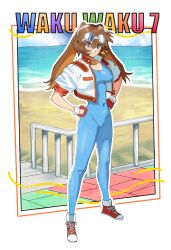 Rule 34 | beach, blue bodysuit, bodysuit, breasts, brown eyes, brown hair, colored inner hair, copyright name, covered navel, fingerless gloves, full body, gloves, goggles, hair between eyes, hands on own hips, highres, jacket, makihara arina, matheus felipe, medium breasts, multicolored hair, outdoors, railing, red gloves, red shoes, shoes, smile, sneakers, standing, twintails, waku waku 7, white jacket