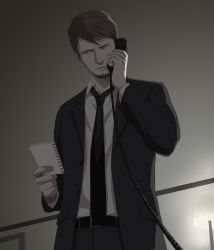 1boy blue_eyes cing formal_clothes gb_(doubleleaf) hotel_dusk kyle_hyde last_window male_focus necktie notepad phone short_hair solo suit