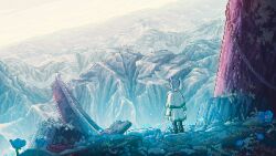 animated animated_gif blue_flower cape elf flower fog frieren from_behind giant_tree highres landscape long_hair miniskirt mountain mountainous_horizon olitimpers pixel_art pointy_ears skirt sousou_no_frieren tree twintails white_hair wind