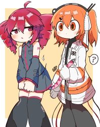 2girls :o ? a.i._voice adachi_rei ahoge arm_at_side armpit_crease bare_shoulders bell black_pantyhose black_shirt black_skirt black_sleeves black_thighhighs blush breast_pocket buttons cable collared_shirt deformed detached_sleeves drill_hair expressionless feet_out_of_frame gloves grey_skirt hair_between_eyes hair_ribbon headlamp highres holding holding_bell jacket kasane_teto kasane_teto_(utau) leaning_forward long_sleeves looking_at_another mikiwo_eko53 miniskirt multiple_girls open_clothes open_jacket open_mouth orange_eyes orange_hair pantyhose pleated_skirt pocket radio_antenna red_eyes red_hair ribbon shirt side_ponytail skirt spoken_question_mark standing sweat sweatdrop thighhighs twin_drills utau white_gloves white_jacket white_ribbon wing_collar
