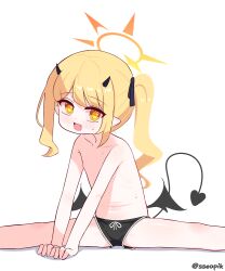 1girl :d artist_name asymmetrical_hair black_horns black_ribbon black_shorts black_tail black_wings blonde_hair blue_archive commentary demon_girl demon_horns demon_tail demon_wings dolphin_shorts english_commentary fang feet_out_of_frame flat_chest hair_ribbon halo highres horns ibuki_(blue_archive) loli long_hair looking_at_viewer navel nipples open_mouth paid_reward_available pointy_ears ribbon short_shorts shorts side_ponytail simple_background smile solo sseopik tail topless_female twitter_username white_background wings yellow_eyes yellow_halo
