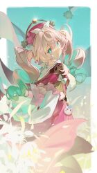 1girl absurdres aqua_eyes aqua_hair blue_eyes bright_pupils commentary dress drill_hair from_behind hashtag-only_commentary hat highres honkai:_star_rail honkai_(series) hyacine_(honkai:_star_rail) long_hair long_sleeves looking_at_viewer multicolored_hair paya_(aejx2345) pink_hair red_dress red_hat smile solo twin_drills twintails white_pupils
