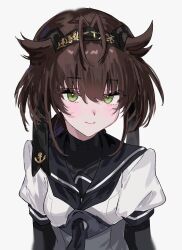 Rule 34 | 1girl, anchor symbol, aogisa, black bodysuit, black headband, black neckerchief, black sailor collar, blush, bodysuit, breasts, brown hair, clothes writing, green eyes, grey background, hachimaki, hair between eyes, hair flaps, hatsuzuki (kancolle), headband, highres, kantai collection, looking at viewer, neckerchief, sailor collar, school uniform, serafuku, simple background, small breasts, solo, upper body