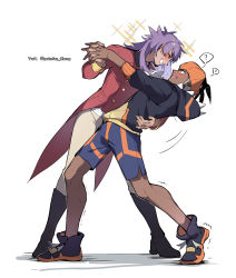 2boys ? absurdres beige_pants black_footwear black_hair black_hoodie blush boots buttons closed_eyes commentary_request dancing dark-skinned_male dark_skin facial_hair highres holding_hands hood hoodie knees leon_(pokemon) long_hair long_sleeves looking_at_another male_focus multiple_boys nintendo pokemon pokemon_swsh purple_hair raihan_(pokemon) shorts side_slit side_slit_shorts smile spoken_question_mark standing tailcoat teeth trembling yaoi youchengyan