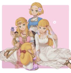 Rule 34 | 4girls, blonde hair, blunt bangs, bow, breasts, collarbone, dress, flower, green eyes, grin, hair bow, hair flower, hair ornament, hand up, heart, heart hair ornament, highres, ivy (sena0119), large breasts, long hair, multiple girls, multiple persona, nintendo, pink flower, princess zelda, red bow, sandals, short hair, sitting, smile, spoken heart, standing, teeth, the legend of zelda, the legend of zelda: echoes of wisdom, the legend of zelda: ocarina of time, the legend of zelda: skyward sword, the legend of zelda: tears of the kingdom, white background, white dress, white flower