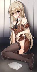 1girl arm_support armband bare_shoulders blonde_hair clothing_cutout collarbone detached_collar female_focus flat_chest garter_straps hair_between_eyes long_hair looking_at_viewer navel navel_cutout necktie paper red_eyes side_cutout sitting sleeveless solo tama_(tamatamo) the_war_of_genesis thighhighs yokozuwari