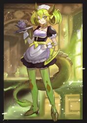 1girl :3 apron blush closed_mouth collarbone dragon_girl dragon_horns dragon_tail dragon_wings frilled_apron frilled_hairband frills full_body green_eyes green_hair green_thighhighs hairband hand_on_own_hip high_heels holding holding_tray horns ishii_(young-moon) leaf leaf_on_head maid maid_apron maid_headdress one_eye_closed parlor_dragonmaid skirt smile solo tail teapot thighhighs tray twintails waist_apron white_apron wings wrist_cuffs yu-gi-oh! zettai_ryouiki