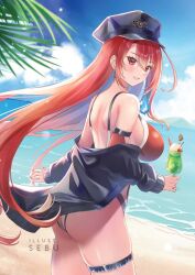 Rule 34 | 1girl, ahoge, ass, beach, black hat, black jacket, black thighlet, blue fire, blue hair, breasts, cloud, colored inner hair, commentary, cup, day, double-parted bangs, drink, elizabeth rose bloodflame, elizabeth rose bloodflame (holonatsu paradise), fire, fire on chest, flame print, from side, grin, hair between eyes, hashtag-only commentary, hat, holding, holding cup, holding drink, hololive, hololive english, holonatsu paradise, huge ahoge, jacket, jacket partially removed, large breasts, long hair, looking at viewer, multicolored hair, nail polish, official alternate costume, one-piece swimsuit, outdoors, palm leaf, peaked cap, police hat, red eyes, red hair, red nails, red one-piece swimsuit, sebu illust, shoulder blades, smile, solo, swimsuit, very long hair, virtual youtuber