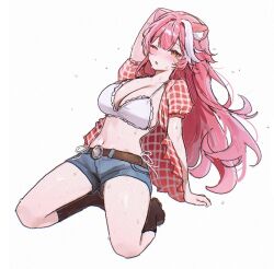 1girl animal_ears bikini blue_shorts blush breasts brown_shoes frilled_bikini frills hair_intakes hololive hololive_english large_breasts long_hair looking_at_viewer miyuchiq multicolored_hair navel one_eye_closed open_clothes open_mouth open_shirt panther_ears panther_girl pink_hair plaid_clothes plaid_skirt raora_panthera red_shirt shirt shoes short_sleeves shorts simple_background skirt solo stomach streaked_hair sweat swimsuit thighs two-tone_hair virtual_youtuber white_background white_bikini yellow_eyes