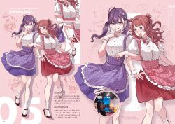 Rule 34 | &gt; &lt;, 2girls, absurdres, afterimage, ahoge, apron, bare legs, blush, braid, brown hair, butterfly hair ornament, character name, commentary request, frilled apron, frills, full body, gakuen idolmaster, hair ornament, hanami saki, hanami ume, high heels, highres, idolmaster, inset, kaya rinha, locked arms, long hair, mogami rin, multiple girls, multiple views, name tag, pink apron, puff of air, puffy short sleeves, puffy sleeves, purple apron, purple hair, purple skirt, red skirt, shirt, short sleeves, skirt, smile, socks, translation request, twintails, two side up, waist apron, white shirt, white socks, wrist cuffs, yuri