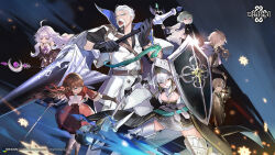 armor cowenna eochaid_(mabinogi) fighting_stance holding holding_weapon iolar_(mabinogi) lance loiscneach_(mabinogi) mabinogi multiple_boys multiple_girls official_art polearm rowan_(mabinogi) shield simple_background staff weapon