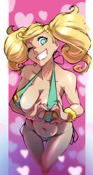 1girl absurdres aqua_bikini aqua_eyes artist_name bikini blonde_hair breasts collarbone earrings floral_print grin haysey heart heart_earrings heart_hands highres jewelry large_breasts long_hair looking_at_viewer navel one_eye_closed persona persona_5 pillarboxed print_bikini side-tie_bikini_bottom smile solo stomach strap_gap swimsuit takamaki_anne twintails