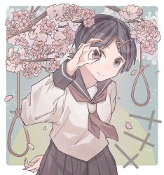 1girl arm_behind_back black_hair blue_sailor_collar border cherry_blossoms commentary_request cross cross_hair_ornament fuura_kafuka hair_ornament highres latin_cross looking_at_viewer neckerchief noose ok_sign ok_sign_over_eye pleated_skirt purple_eyes red_neckerchief sailor_collar sayonara_zetsubou_sensei school_uniform serafuku short_hair skirt smile solo unagiyosenabe upper_body white_border