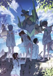 2boys 3girls absurdres ass ayanami_rei barefoot blue_hair cat day eva_00 eva_01 eva_02 evangelion:_3.0+1.0_thrice_upon_a_time feet flood from_behind highres ikari_shinji leaf makinami_mari_illustrious mecha multiple_boys multiple_girls nagisa_kaworu neon_genesis_evangelion nishigori_atsushi no_pants official_art outdoors panties post-apocalypse rebuild_of_evangelion robot scan souryuu_asuka_langley underwear water