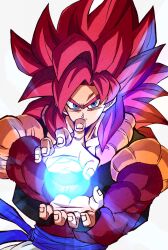 1boy abs blue_eyes blue_sash dragon_ball dragon_ball_gt gogeta highres komesan_0212 long_hair looking_at_viewer male_focus metamoran_vest monkey_boy muscular muscular_male pants pectorals red_fur red_hair saiyan sash solo spiked_hair super_saiyan super_saiyan_4 white_pants