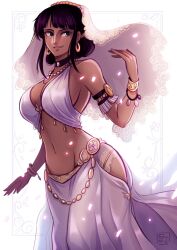 Rule 34 | 1girl, alternate costume, alternate hairstyle, arm at side, armlet, artist logo, black hair, bracelet, breasts, choker, dark-skinned female, dark skin, earrings, grey eyes, hand up, harem outfit, highres, hoop earrings, jewelry, large breasts, lips, logo, looking at viewer, lowleg, navel, navel piercing, nico robin, one piece, parted bangs, parted lips, pendant, piercing, shuravf, sideboob, smile, solo, stomach, veil