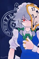 1girl angry apron blue_background bow braid clock green_bow grey_hair highres izayoi_sakuya maid maid_apron maid_headdress pepponeppo red_eyes touhou upper_body wrist_cuffs