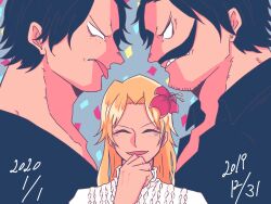 Rule 34 | 1girl, 2boys, alternate universe, beard stubble, black hair, black shirt, blonde hair, commentary request, confrontation, dated, facial hair, family, flower, freckles, gol d. roger, hair flower, hair ornament, hibiscus, highres, multiple boys, mustache, one piece, portgas d. ace, portgas d. rouge, profile, ryu (ry u2851), shirt, stubble, tongue, tongue out, turtleneck