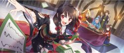 1boy 4girls :d alcohol animal animal_on_lap aqua_(konosuba) arm_up black_cat black_gloves black_kimono blonde_hair blue_eyes blue_hair blue_kimono bottle bow braid breasts brown_hair card card_game carpet cat cat_on_lap chomusuke crown_braid darkness_(konosuba) drunk fingerless_gloves floral_print floral_print_kimono flower food furisode game_cg gloves green_eyes hair_bow hair_flower hair_ornament hair_rings highres holding holding_bottle holding_card indoors japanese_clothes kanzashi kimono kono_subarashii_sekai_ni_shukufuku_wo! konosuba!_fantastic_days kotatsu large_breasts light_blue_hair living_room long_hair looking_at_another looking_at_viewer low_twintails megumin multiple_girls new_year obi obidome obijime official_alternate_costume official_art on_lap open_mouth orange_kimono ponytail ponytail_with_braided_base print_kimono red_bow red_eyes red_flower red_kimono sash satou_kazuma short_hair short_hair_with_long_locks sidelocks single_hair_ring sitting smile socks squatting standing sweat tabi table tsumami_kanzashi twintails under_kotatsu under_table v-shaped_eyebrows white_flower white_socks wide_sleeves x_hair_ornament yunyun_(konosuba)