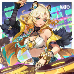 1girl absurdres animal_ears arm_up bare_shoulders blonde_hair closed_mouth detached_sleeves dj genshin_impact green_eyes highres jaguar_ears jaguar_girl lipstick long_hair long_sleeves looking_at_viewer makeup midriff multicolored_hair official_art smile vision_(genshin_impact) xilonen_(genshin_impact)