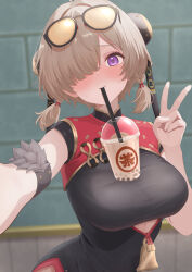 1girl absurdres black_dress blush breasts brown_hair bubble_tea bubble_tea_challenge china_dress chinese_clothes dress eyewear_on_head hair_over_one_eye highres komugirakko large_breasts looking_at_viewer pov purple_eyes solo sweety_(zenless_zone_zero) tinted_eyewear upper_body v yellow-tinted_eyewear zenless_zone_zero