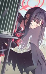 1girl absurdres armband black_choker black_feathers black_gloves black_hair black_sailor_collar black_serafuku black_skirt black_wings blue_archive blue_eyes blush choker commentary falling_feathers feathered_wings feathers gloves grin hair_ornament hairclip halo highres ichika_(blue_archive) long_hair long_sleeves looking_at_viewer low_wings matsumoto_yutaka neckerchief one_eye_closed pleated_skirt red_armband red_halo red_neckerchief safety_pin sailor_collar school_uniform serafuku skirt smile solo wings