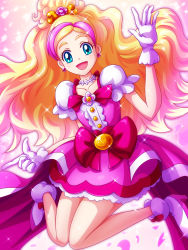 1girl :d blonde_hair bow choker cure_flora female_focus gloves go!_princess_precure gradient_hair haruno_haruka highres long_hair looking_at_viewer magical_girl mimimix multicolored_hair open_mouth petals pink_hair precure smile solo two-tone_hair waist_bow white_gloves