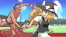 1boy 1girl animal apron black_hair black_hat black_skirt black_vest blonde_hair blue_sky bow braid closed_eyes commentary_request cookie_(touhou) cowboy_shot fish frilled_skirt frills hair_bow hat highres holding holding_animal holding_fish kirisame_marisa leftame long_hair looking_at_another male_swimwear manatsu_no_yo_no_inmu open_mouth outdoors puffy_short_sleeves puffy_sleeves relay_race running running_track shirt short_sleeves side_braid single_braid skirt sky swim_briefs touhou tree uzuki_(cookie) vest waist_apron white_apron white_shirt witch_hat yajuu_senpai yellow_eyes