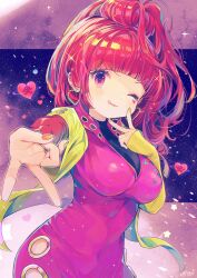 1girl absurdres amakawa_tamawo breasts cleavage earrings gnosia gyaru_v heart heart_earrings highres jewelry long_hair long_sleeves looking_at_viewer applying_manicure nail_polish red_eyes red_hair smile solo sq_(gnosia) v