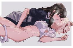 absurdres black_hair blonde_hair blue_dress blush bra closed_eyes commission dappled_sunlight dress fafayu fingering french_kiss grey_background hair_ribbon highres inoue_takina kiss long_hair looking_at_another lycoris_recoil lycoris_uniform navel nishikigi_chisato one_side_up panties panties_around_leg purple_eyes red_ribbon ribbon second-party_source shirt short_hair short_sleeves simple_background sunlight sweat trembling underwear white_bra white_panties white_shirt yuri