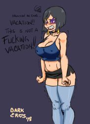 Rule 34 | 1girl, alternate costume, angry, annoyed, bare shoulders, black hair, blush, breasts, choker, cleavage cutout, clothing cutout, darkeros, embarrassed, female focus, frida mofette, highres, large breasts, lipstick, makeup, midriff, miniskirt, navel, nipple slip, nipples, ornament, prostitution, purple eyes, shaking, sharp teeth, sideboob, skirt, solo, talking, tank top, tattoo, teeth, thick thighs, thighhighs, thighs, tight clothes, wakfu