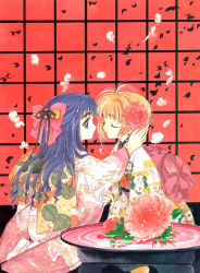 1990s_(style) 2girls absurdres adjusting_hair antenna_hair blue_hair brown_hair cardcaptor_sakura child clamp daidouji_tomoyo flower highres imminent_kiss japanese_clothes kimono kinomoto_sakura long_hair multiple_girls official_art retro_artstyle short_hair sitting smile yuri