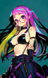 1girl belt_collar black_bra blonde_hair blue_eyes blush bra breasts closed_mouth clothing_request collar colored_inner_hair fishnet_sleeves fishnets glasses heterochromia imoko-chan_(onono_imoko) large_breasts latex latex_bra long_hair looking_at_viewer multicolored_hair onono_imoko original pink_hair purple_eyes simple_background solo streaked_hair sweatdrop two-tone_hair underwear