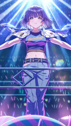 1girl audience belt denim gakuen_idolmaster glowstick hataya_misuzu idolmaster jeans navel official_art open_mouth pants purple_eyes purple_hair short_hair solo standing