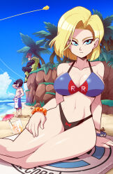 1girl 2boys android_16 android_17 android_18 artist_name bare_shoulders beach bikini black_hair blonde_hair blue_sky bracelet breasts brother_and_sister capsule_corp cleavage cloud cocktail_umbrella cup day dragon_ball dragon_ball_(object) dragonball_z feet_out_of_frame flying_nimbus grass highres ice ice_cube jewelry large_breasts leaf male_swimwear mike_luckas multiple_boys navel ocean outdoors red_ribbon_army sand short_hair siblings sitting sky solo_focus standing swim_trunks swimsuit tree twins watermark web_address
