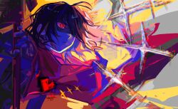 Rule 34 | 1other, abstract, blue hair, blue skin, colored skin, deltarune, highres, kris (dark world) (deltarune), kris (deltarune), moyi7239, other focus, parted lips, pink scarf, red eyes, scarf, shaded face, short hair, solo, upper body