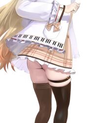 1girl absurdres ass ass_focus black_thighhighs blonde_hair bow dalcom highres hololive hololive_dev_is jacket long_hair lower_body otonose_kanade plaid_bow plaid_clothes plaid_skirt simple_background skirt solo thigh_strap thighhighs thighs very_long_hair virtual_youtuber white_background white_jacket