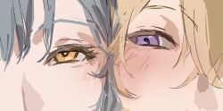 2girls bang_dream! bang_dream!_it&#039;s_mygo!!!!! blonde_hair blue_hair close-up highres misumi_uika multiple_girls purple_eyes togawa_sakiko yellow_eyes yizhichunji