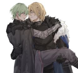 2boys armor black_armor black_boots black_cape black_fur black_gloves black_gorget black_pants blonde_hair blue_cape blue_eyes boots breastplate cape carrying closed_mouth dimitri_alexandre_blaiddyd dimitri_alexandre_blaiddyd_(timeskip) eye_contact eyepatch feet_out_of_frame fire_emblem fire_emblem:_three_houses fur-trimmed_cape fur_trim gloves gorget green_eyes green_hair hair_behind_ear highres looking_at_another male_byleth_(enlightened)_(fire_emblem) male_byleth_(fire_emblem) male_focus medium_hair moshi_mo multiple_boys nintendo pants parted_bangs princess_carry simple_background smile standing white_background white_fur yaoi