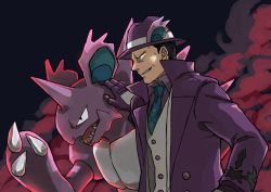 1boy blouse buttons claws coat collared_coat collared_shirt commentary_request from_side gen_1_pokemon giovanni_(pokemon) giovanni_(sygna_suit)_(pokemon) gloves green_necktie hand_on_another&#039;s_head hand_up hat highres male_focus necktie nidoking nintendo official_alternate_costume oyu_no_mizuwari parted_lips pokemon pokemon_masters_ex popped_collar purple_coat purple_gloves purple_headwear purple_shirt shirt smile smirk team_rocket vest white_vest
