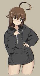 Rule 34 | 1girl, ahoge, black hoodie, blush, brown eyes, brown hair, drawstring, grey background, hair between eyes, hand on own hip, highres, hood, hoodie, long sleeves, looking at viewer, no pants, smile, solo, standing, thighs, treepxiv